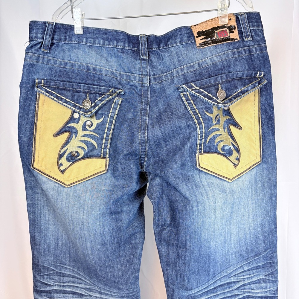 Raw Blue Men Jeans 40x32 Blue Denim Kruz Embroidered Whisker Y2K Hip Hop